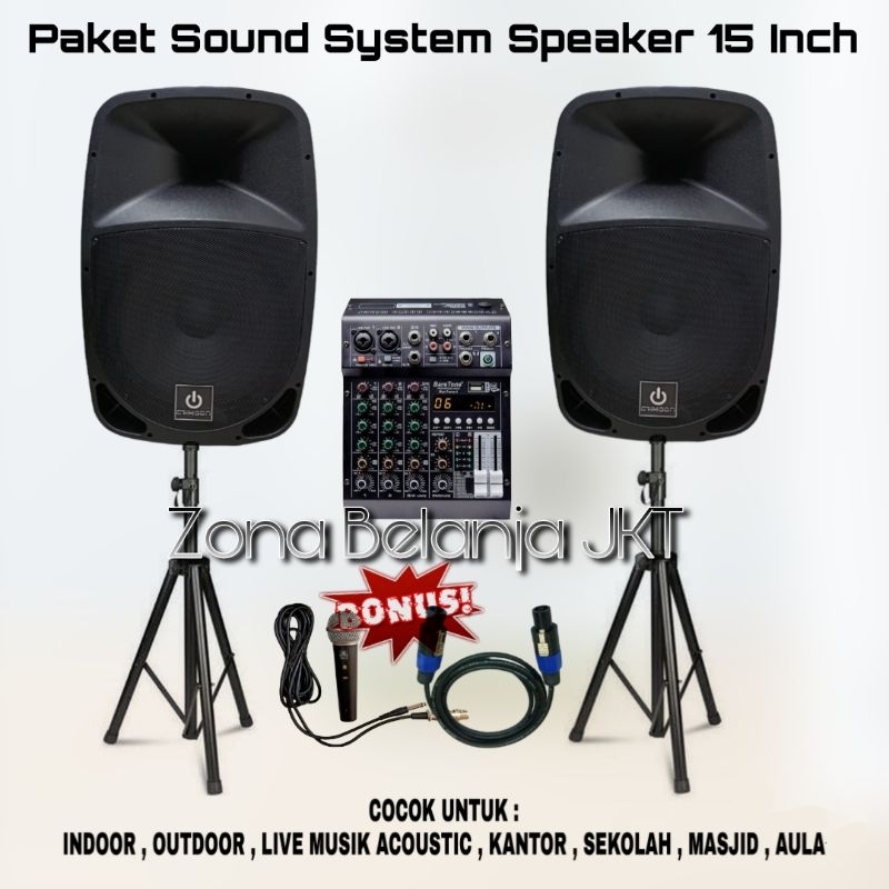 PAKET SOUND SYTEM KARAOKE LIVE MUSIK INDOOR OUTDOOR SPEAKER AKTIF 15 INCH CRIMSON MIXER USB BLUETOOTH ( SET 1 )