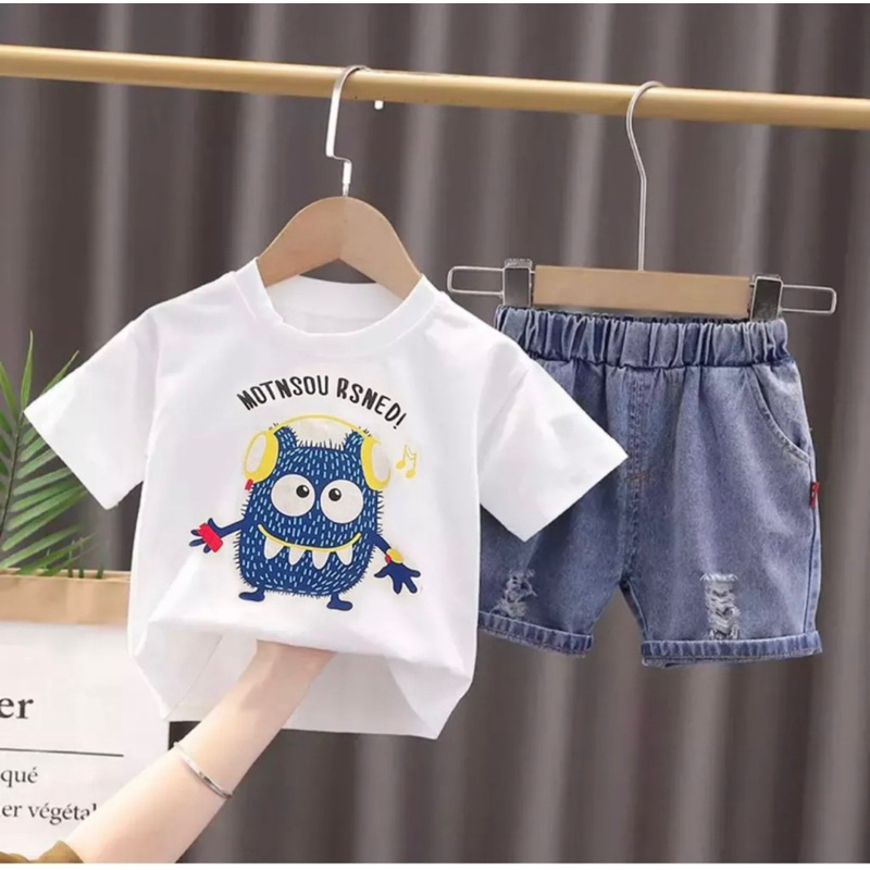 setelan anak laki dan perempuan bergambar kaos anak dan celana pendek denim anak 1-5 tahun