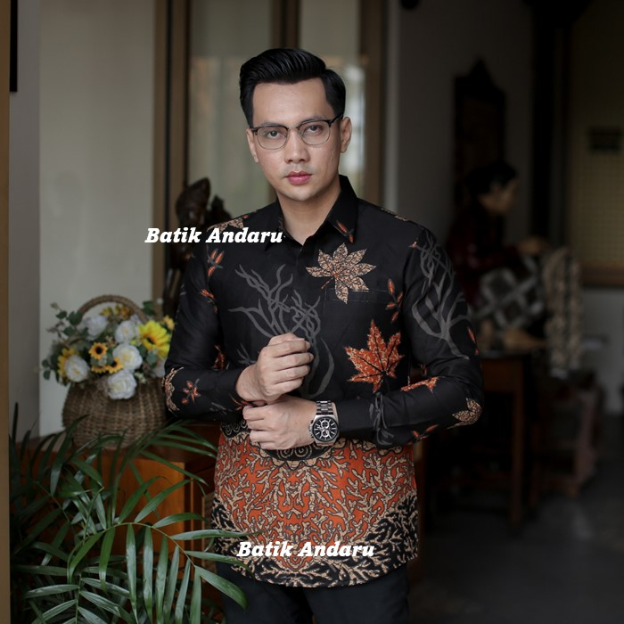 Baju Kemeja Batik Pria Slimfit Lengan Panjang Modern Heem Elegant Premium Warna Hitam Orange