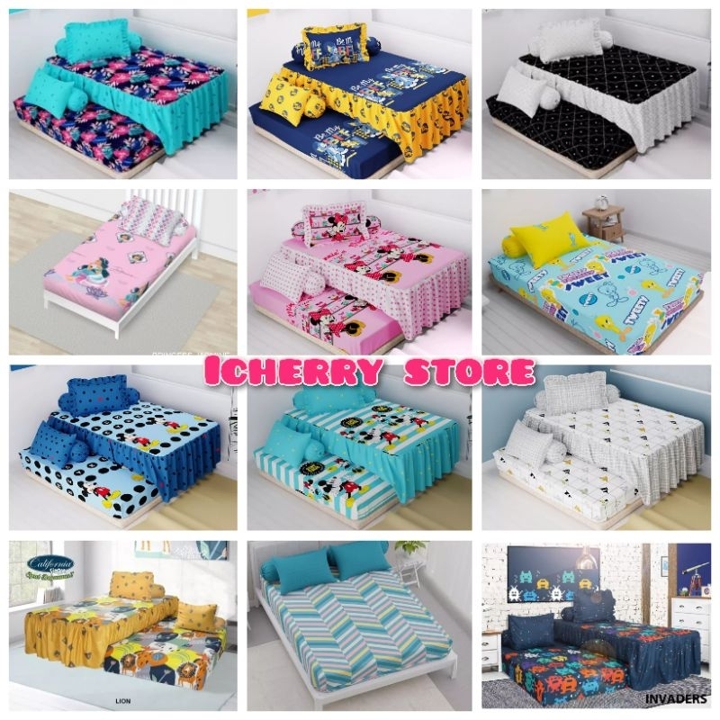 Set Sprei California 3D Sorong Duo 2in1 Rumbai 120x200 Motif Sweet Minnie, Cute Cat, Polkadots Micke