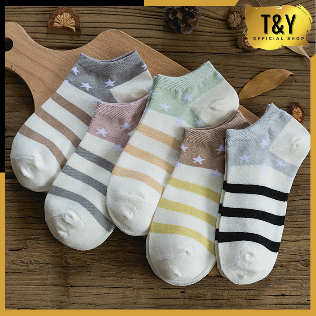 T&amp;Y Kaos Kaki Pendek Model Star And Line Kaoskaki Motif Bintang Garis 6803 Kaus Kaki Fashion Korea Jepan Women Sock Sarung Kaki Pendek Wanita Ankle Socks Import Murah