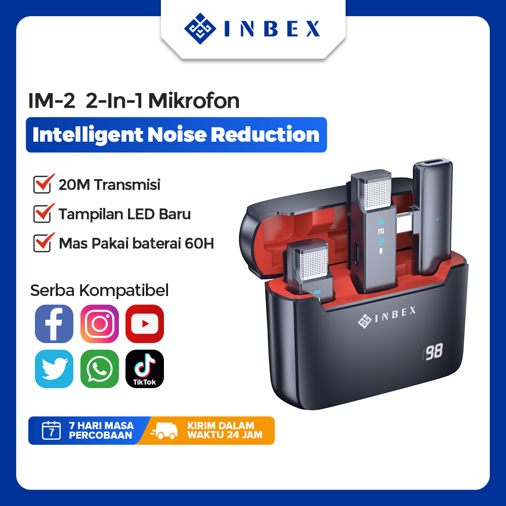 INBEX Wireless Microphone Data Display Dual Lavalier Mikrofon Youtuber Facebook TikTok vlog Microphone Clip Audio Segment Video Microphone Plug &amp; Play with charger case