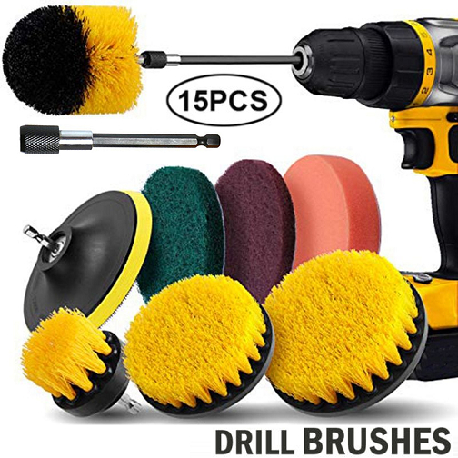 15 Pcs Car Home Wash Brush Hard Bristle Drill Auto Scrubber Detailing Cleaning Tool Sikat Pembersih Ubin Keramik Karpet Kaca Ban Mobil