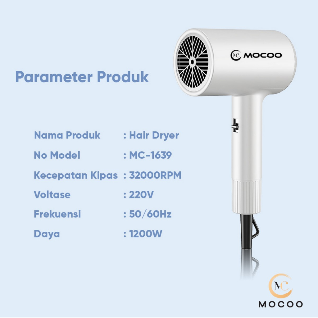 MOCOO Hair Dryer High Speed Pengering Rambut Hari Dryer Negative Ion Hair Protection Quick Drying MC-1639