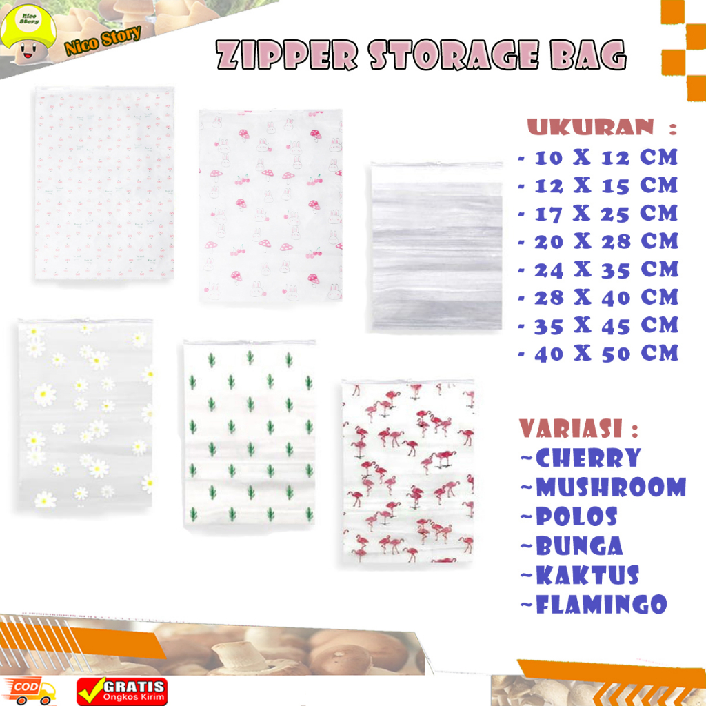 (NCS) ZIPPER STORAGE BAG / Tas Pouch ZIPPER POLOS TRANSPARAN / KAKTUS / FLAMINGO / SUNFLOWER / BUNGA