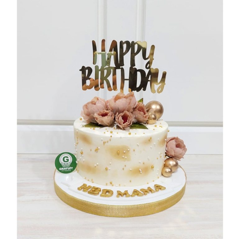 

CAKE TEMA TOPPER HBD + BUNGA ARTIFICIAL UK 15CM / KUE ULANG TAHUN CUSTOME