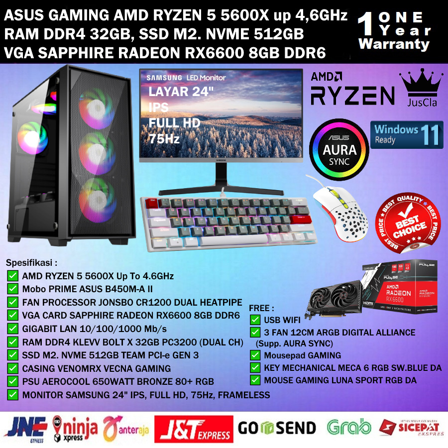 ASUS Komputer AMD RYZEN 5 5600X 4,6GHz|RAM 32GB|SSD 512GB NVME|VGA RADEON RX6600 8GB|SAMSUNG 24|WIFI|