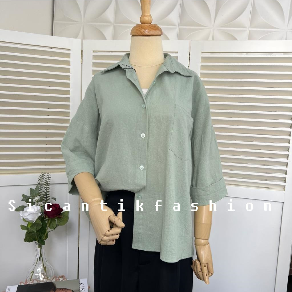 Kemeja Atasan Wanita Linen Angel / Kemeja Pocket / Kemeja Casual / Shirt Wanita