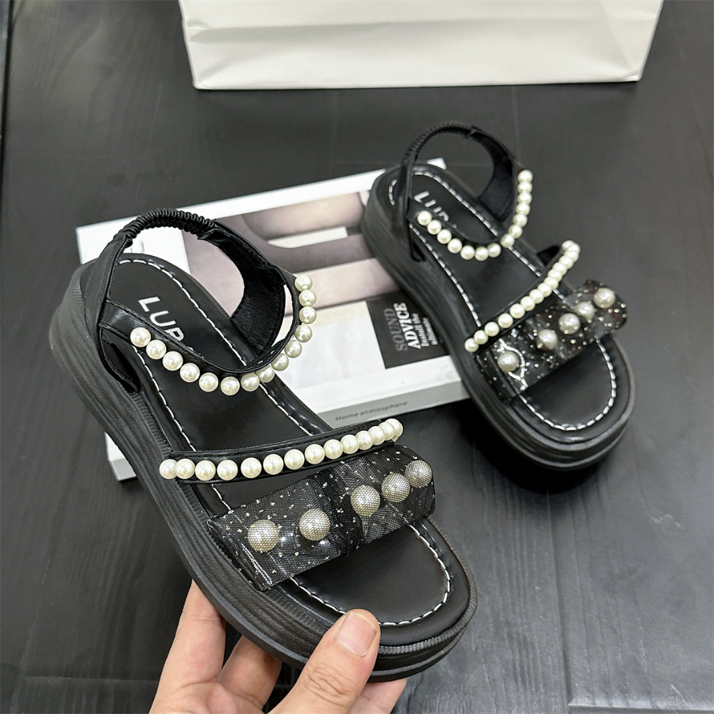 LURAD Sandal Beige Sandal Wanita Sandal Cewek Sandal Motif Mutiara Slide-On Sandal Sandal Viral Berlian Warna Bagus Dengan Kwalitas Terbaik