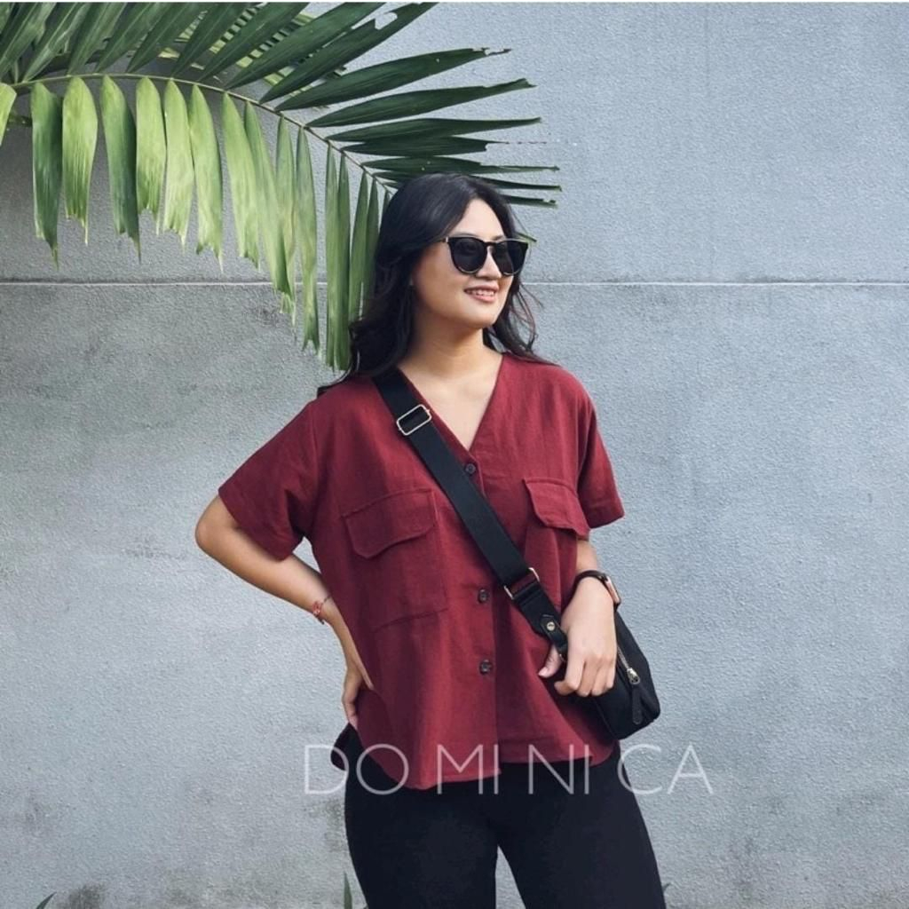 324 Diana TOP kancing / Kemeja pendek kerah V katun linen premium - Sandra Blouse Oversize Korean Style / Diana Top Kemeja Wanita Lengan Pendek Jumbo XL Outfit Kuliah / Caca Blouse