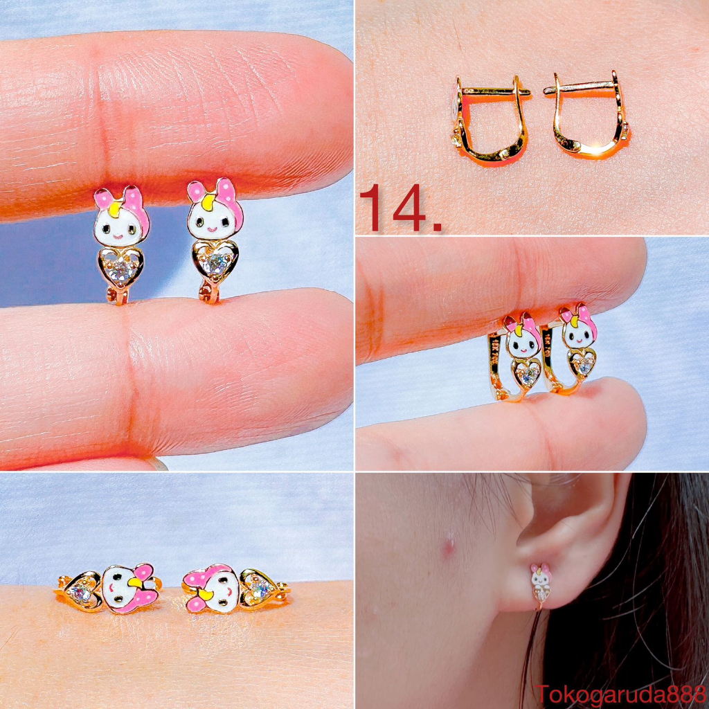 Banyak motif yaa Anting anak anak dan dewasa emas asli kadar 700 70 16k kerabu giwang cetek jepit boneka rilakuma cupcake doraemon cewek pink barbie line panda sally rabbit kupu kupu2 cupcake baby mix warna warni bayi baby 1 gram gr