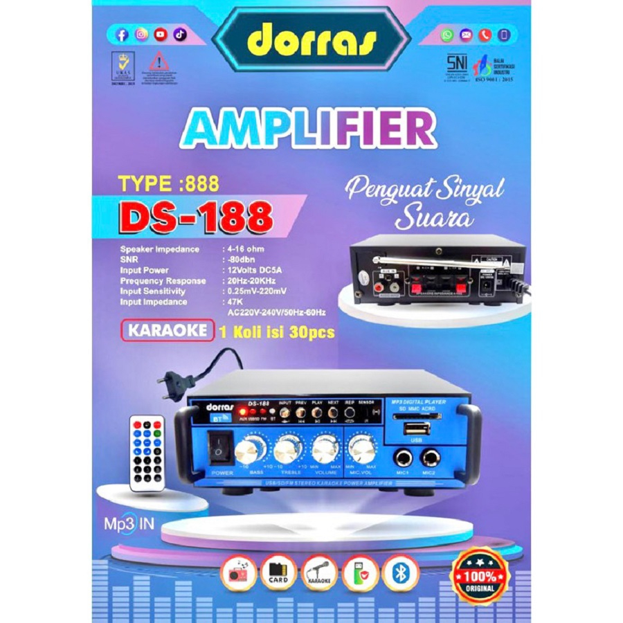 Power Amplifier Ampli Bluetooth Dorras DS-188 DS 188 Stereo Audio Ac Dc Usb Radio Fm Mp3