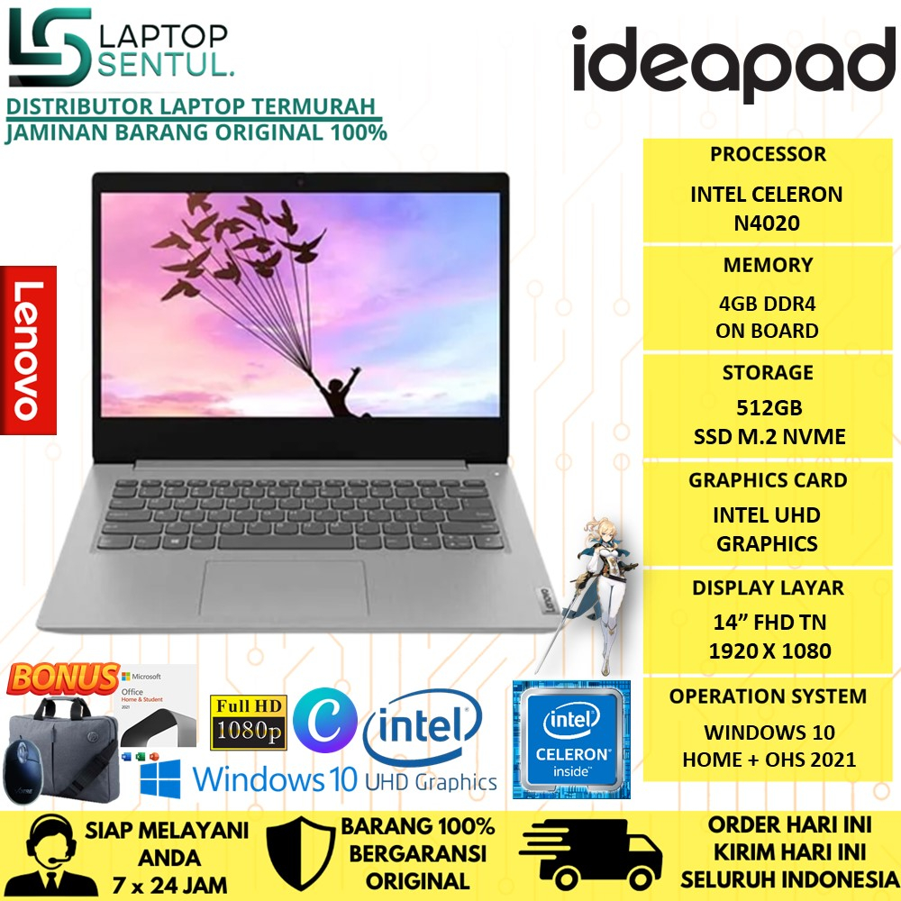 Laptop Lenovo Ideapad Slim 3i 14 Intel N4020 4GB 512GB SSD FHD Windows 10 Home Original OHS