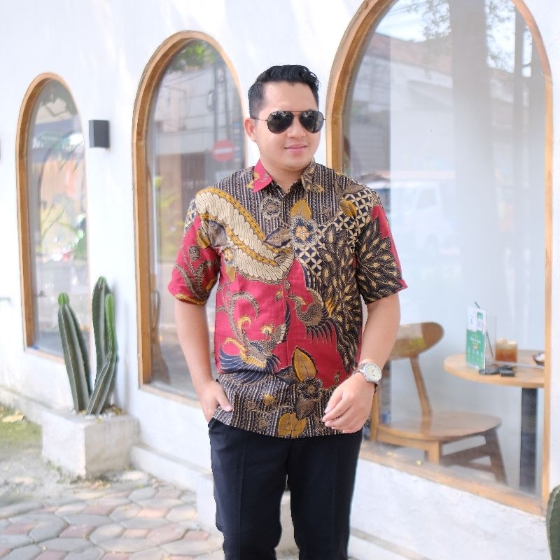 Batik merak merah lengan pendek katun halus full furing