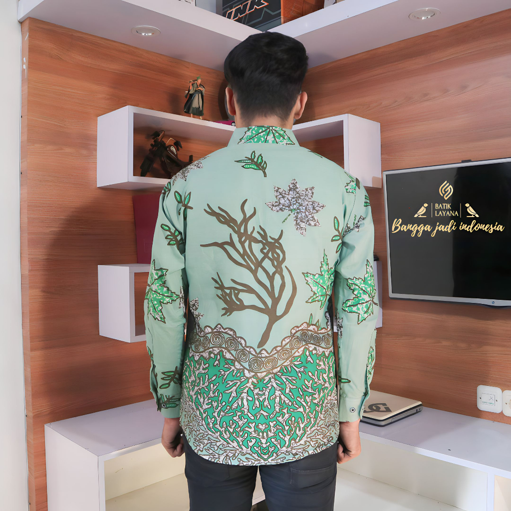 Batik Layana Motif Ranting Sage Green Cerah Slimfit Premium Batik Viral Terbaru