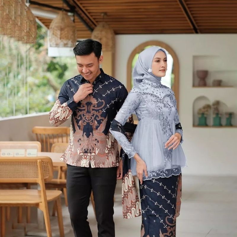 BATIK EXPRESS - Kebaya Couple Brokat Modern Alyana Kebaya Wisuda dan Kondangan Kebaya Couple Batik Prima Lengan Panjang Set Wanita Modern