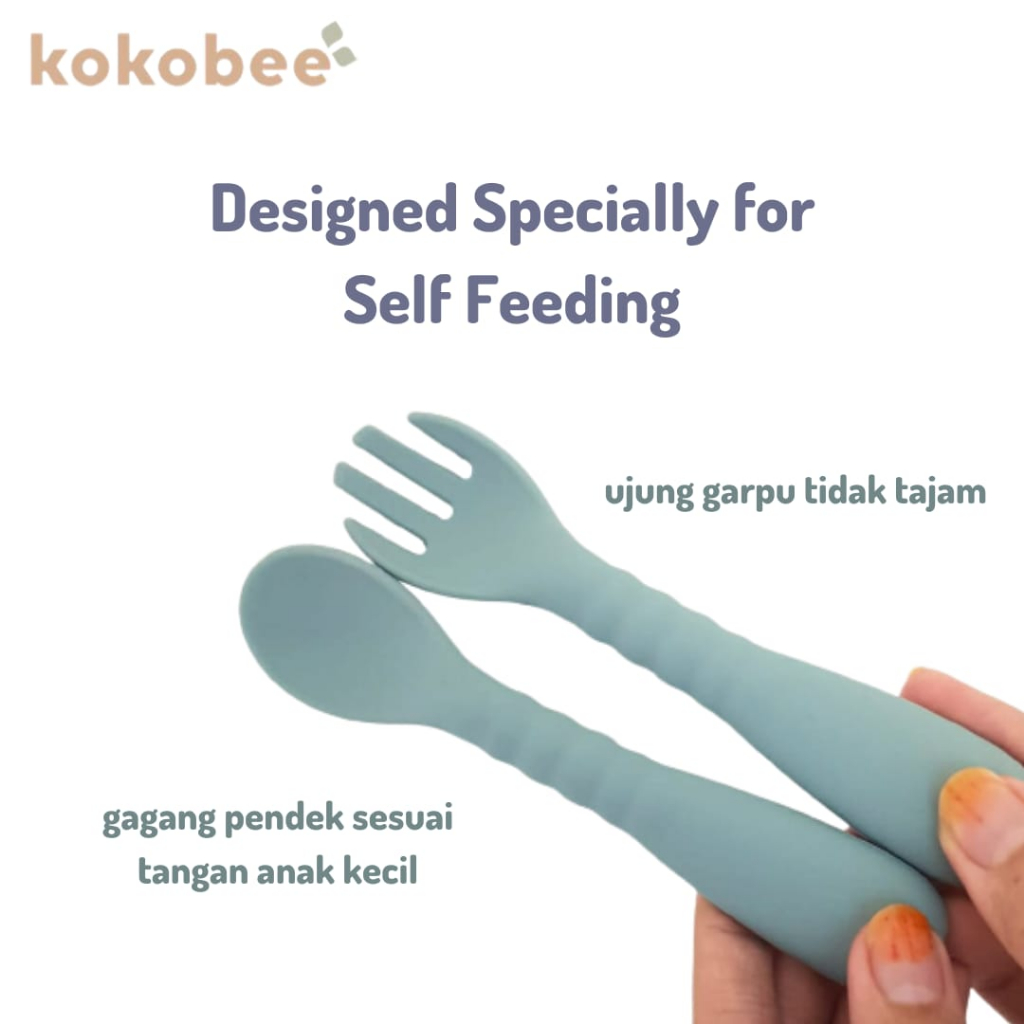 KOKOBEE - Premium Silicone Spoon and Fork Set (6m+) / sendok garpu set / alat mpasi / alat makan anak / sendok bayi / mushie/ dinnerware set/ satu set alat makan