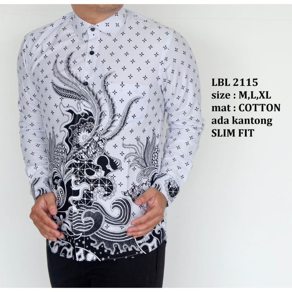 BatikBule Kemeja Batik Slimfit Panjang Motif Casual Warna Putih Hitam LBL 2115