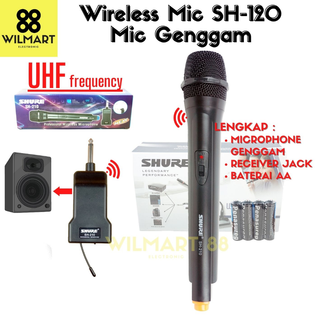 Professional Microphone SH-120 - Mic Genggam Wireless SH 120 - Receiver Home Jack Wireless , Jenis Mic Genggam , Baterai AA