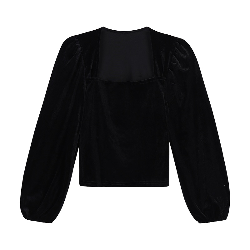 Korean Style Atasan Wanita Lengan Panjang Retro Velvet Blouse Import Premium Crop Top