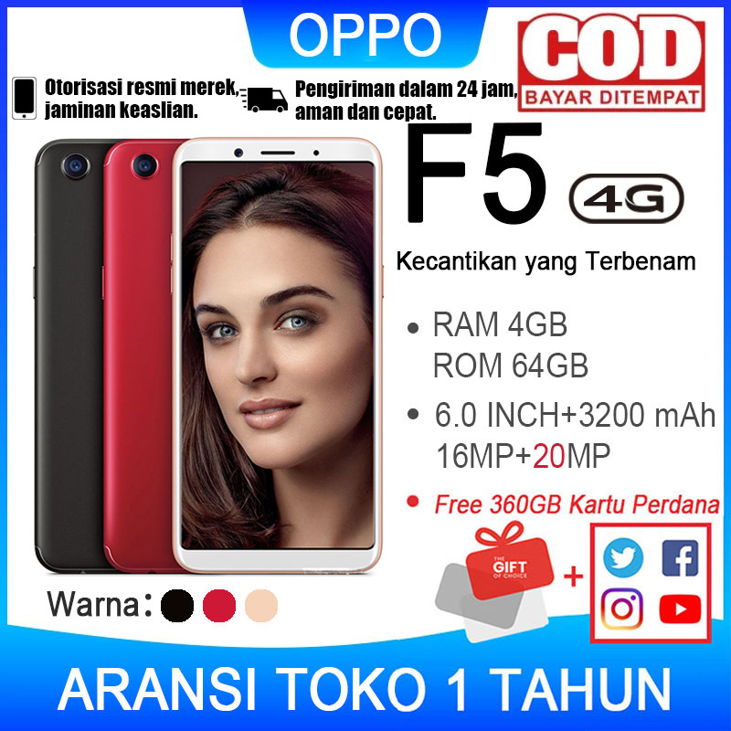 OPPO F5 Gold RAM 6/128GB GARANSI TOKO 1 TAHUN ORIGINAL BARU HANDPHONE Dengan 6.0inches Ukuran layar Dengan Kapasitas baterai 3200mAh