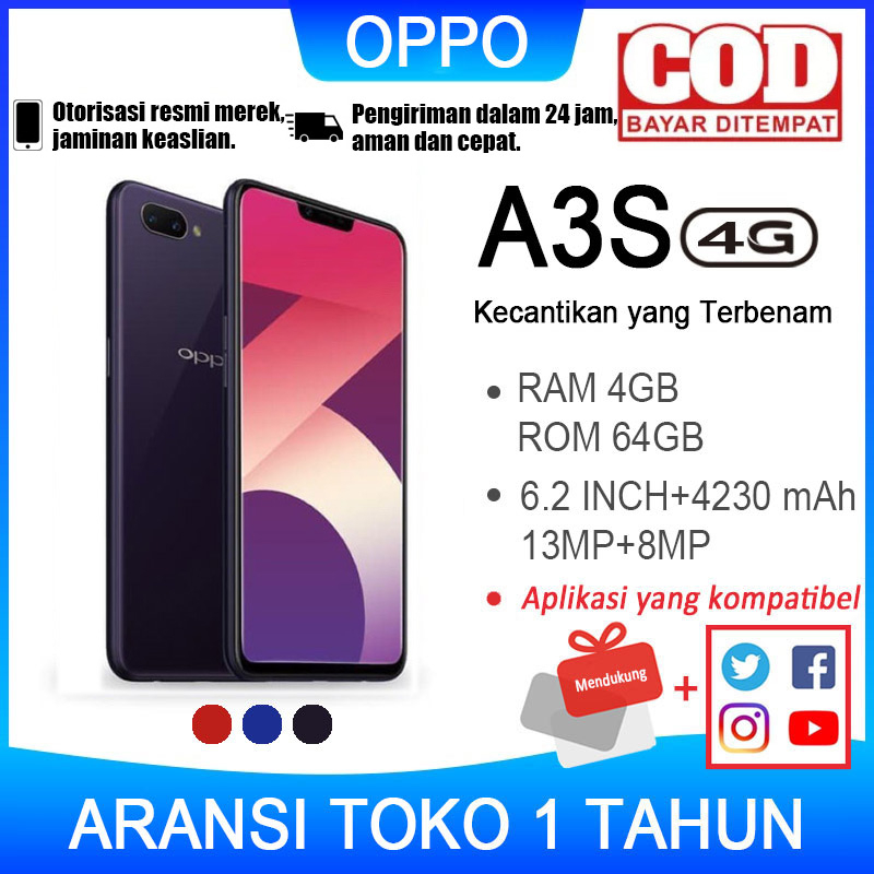 OPPO A3s Hitam RAM 6/128GB GARANSI TOKO 1 TAHUN ORIGINAL BARU HANDPHONE Dengan 6.2inches Ukuran layar Dengan Kapasitas baterai 4230mAh