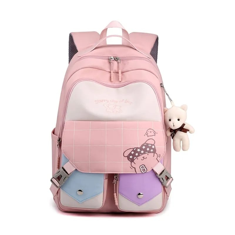 PTM-NEW tas sekolah anak perempuan motif kotak2 bear-backpack fashion style korea-ransel anak sekolah SD SMP SMA