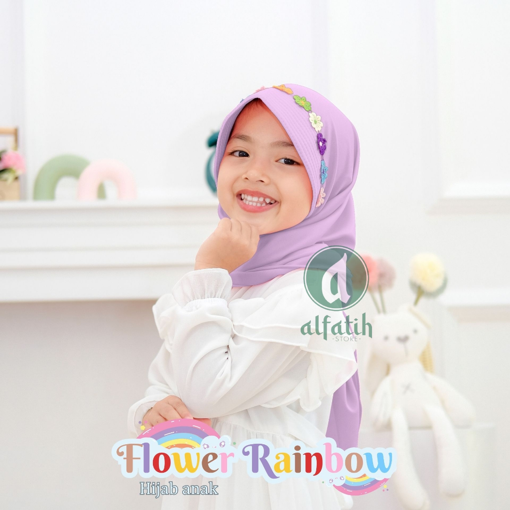 ALFATIH STORE / Hijab Anak Segitiga Rainbow Jersey / variasi Pad Antem Bunga Pelangi / Jilbab anak murah