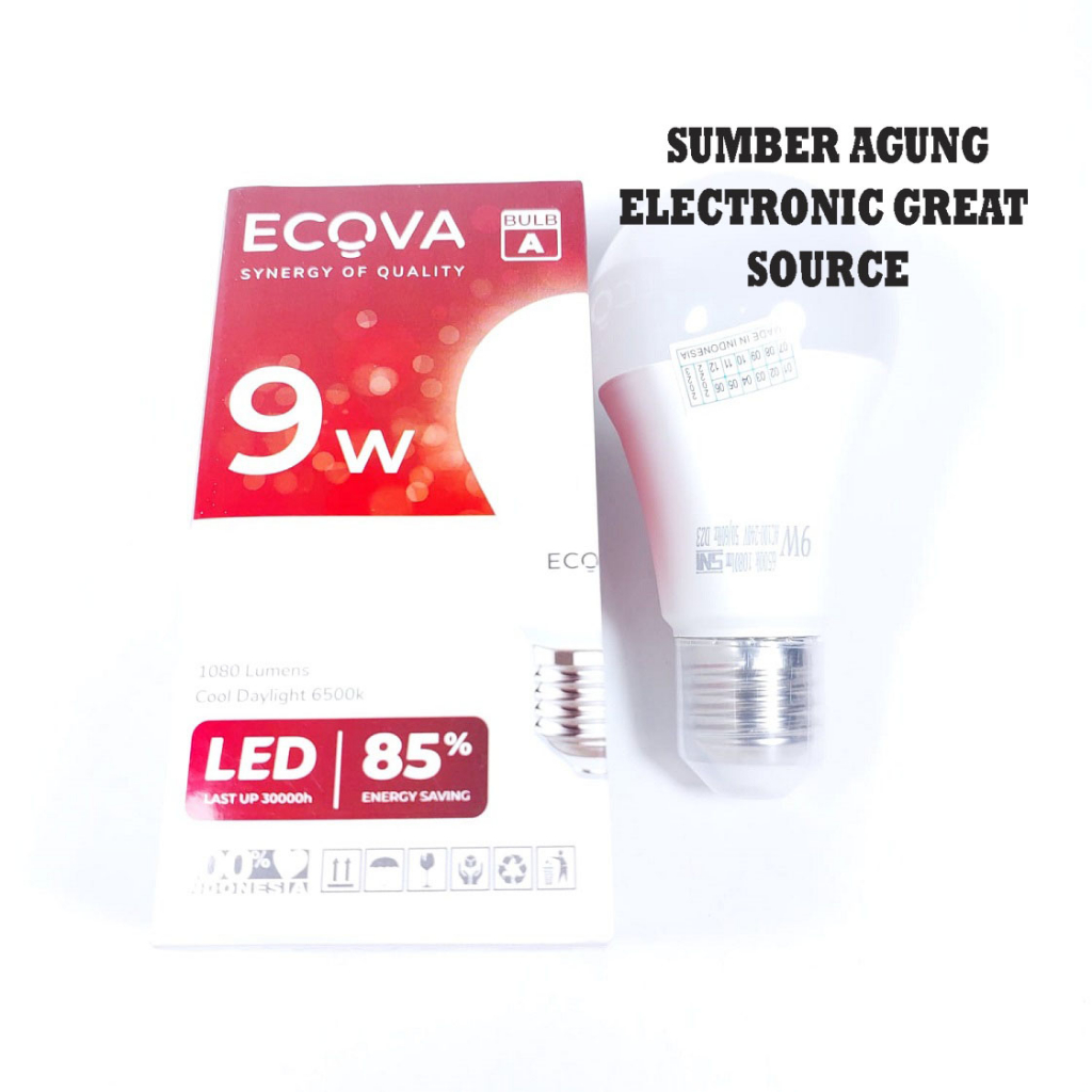 Lampu LED ECOVA 9W Cahaya Putih 6500k CDL Cool Day Light 9watt Bulb A Bulat