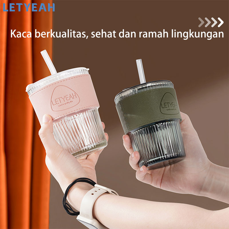 letyeah Tumbler kopi aesthetic/400ml gelas minum kaca/tumbler coffee dengan sedotan/kopi cup anti tumpah