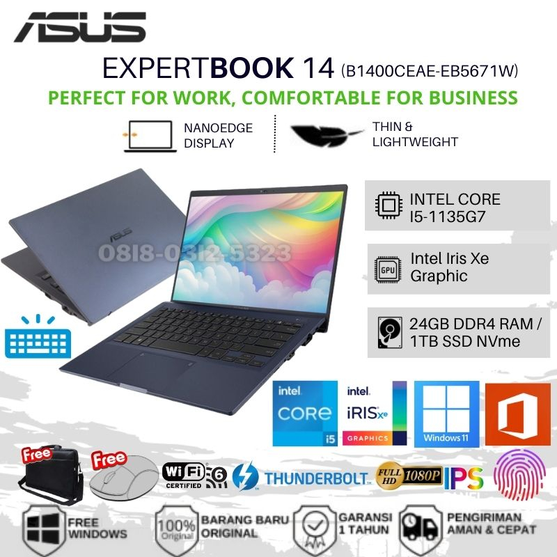 Laptop Asus ExpertBook B1400CEAE-EB5671W Core i5-1135G7 Ram 24GB Ssd 1TB Iris Xe 14.0 IPS Backlit Wi