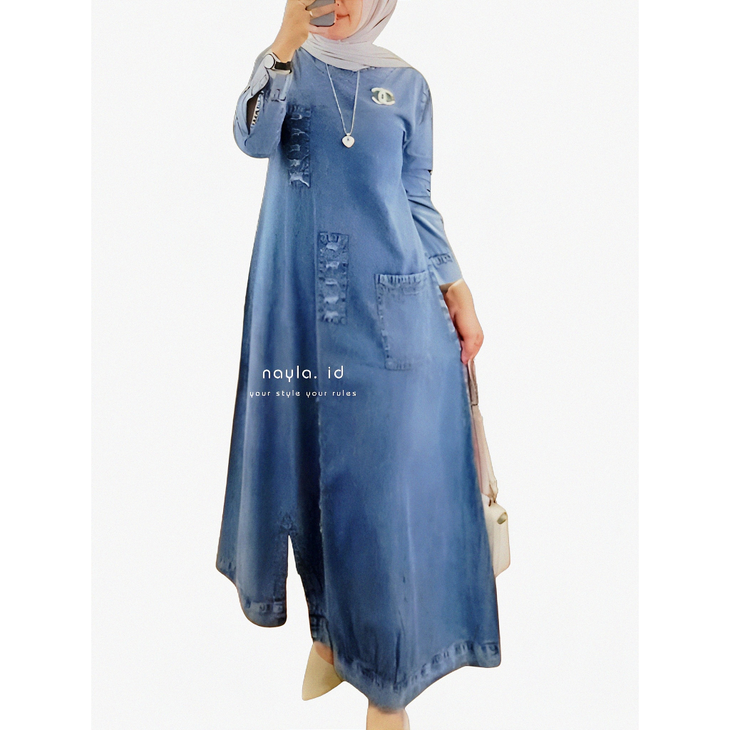 Gamis Jeans Briska Maxy / Dress Light Snow / Baju Muslim / Pakaian Wanita Model Terbaru / Dress Jeans kekinian