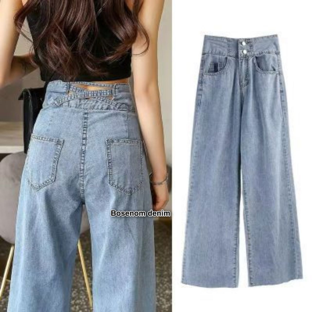 BOSENOM- CELANA KULOT JEANS HIGHWAIST VARIASI 2 KANCING PINGGANG SILANG KULOT LOOSE CROSSBAC CELANA KULOT POLOS SANTAI NYAMANK