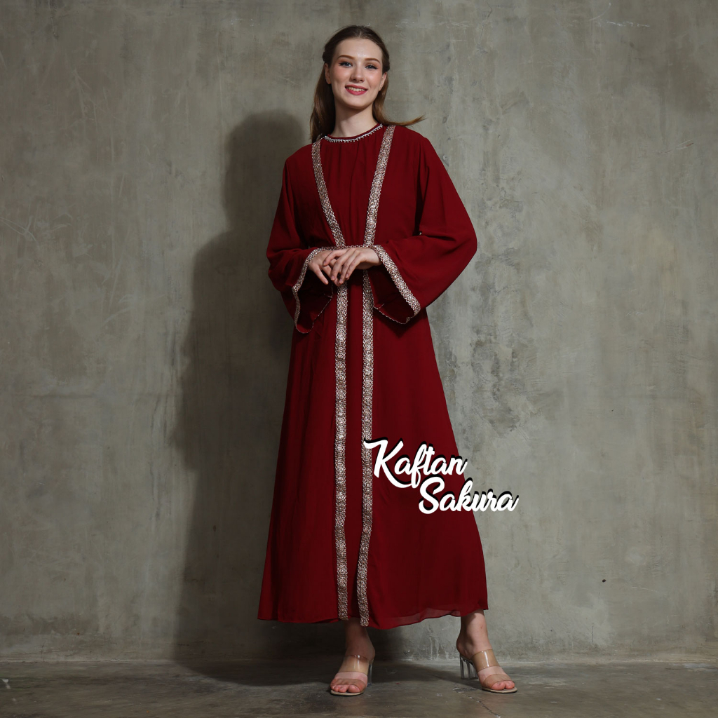 Kaftan Wanita Outer Bahan Sifon Puring Kaftan Payet Bordir Mewah cantik untuk Lebaran dan Pesta Kondangan Terbaru Syari warna Hitam Putih Dongker Marun