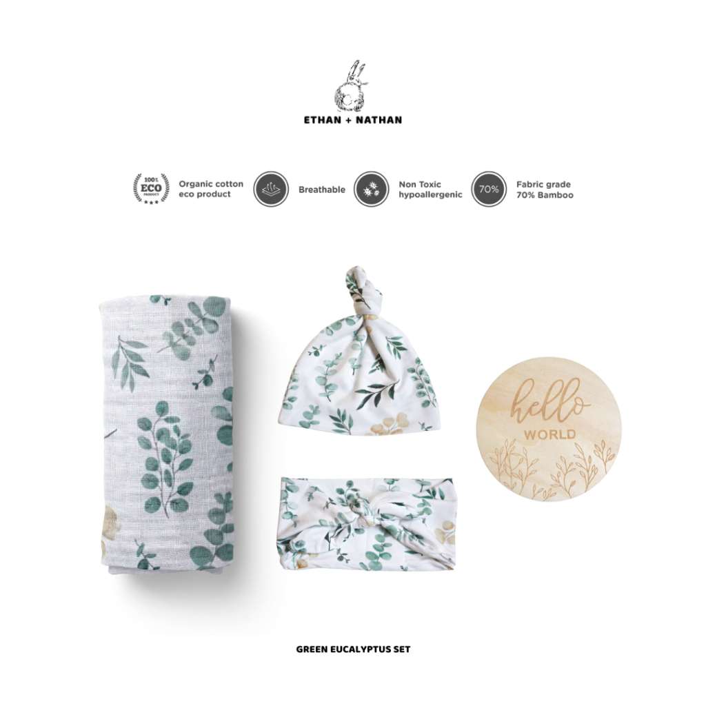 Ethan + Nathan - Swaddle Set / Set Bedong Pita Topi Bayi