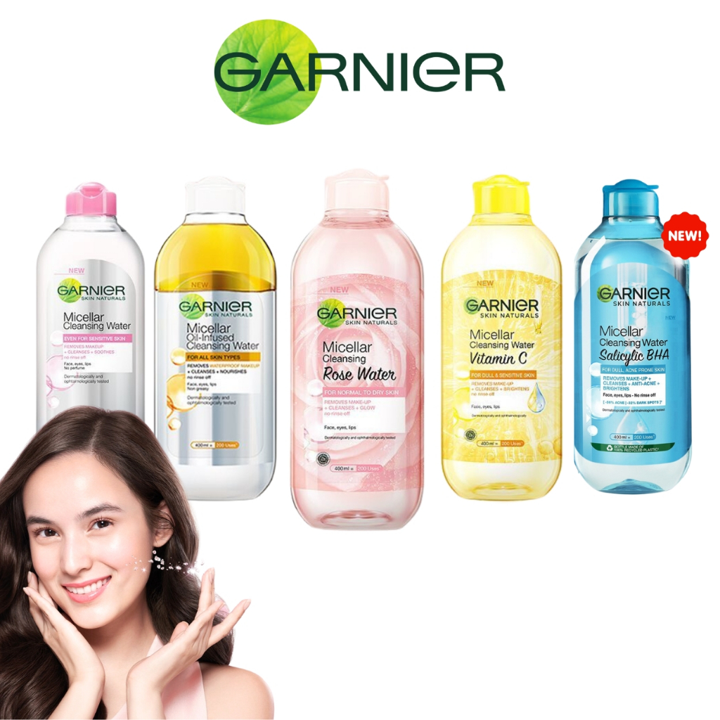 Garnier Micellar Cleansing Water Pink | Blue Biru | Rose Water | Vitamin C | Biphase 125ml 50ml