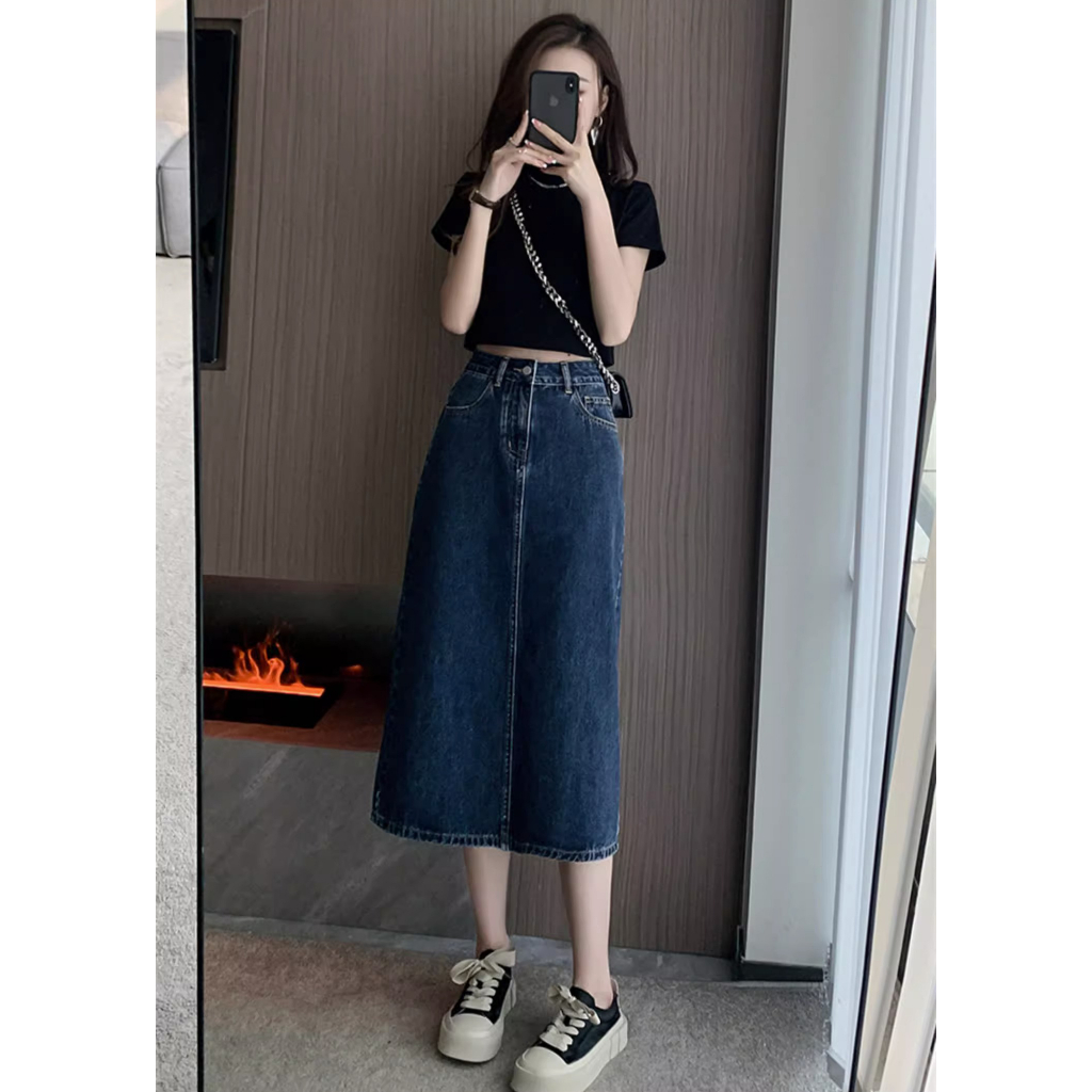 Biru laut Highwaist lucuuk gadis Rok Denim A-Line Fashion Serbaguna Rok Midi