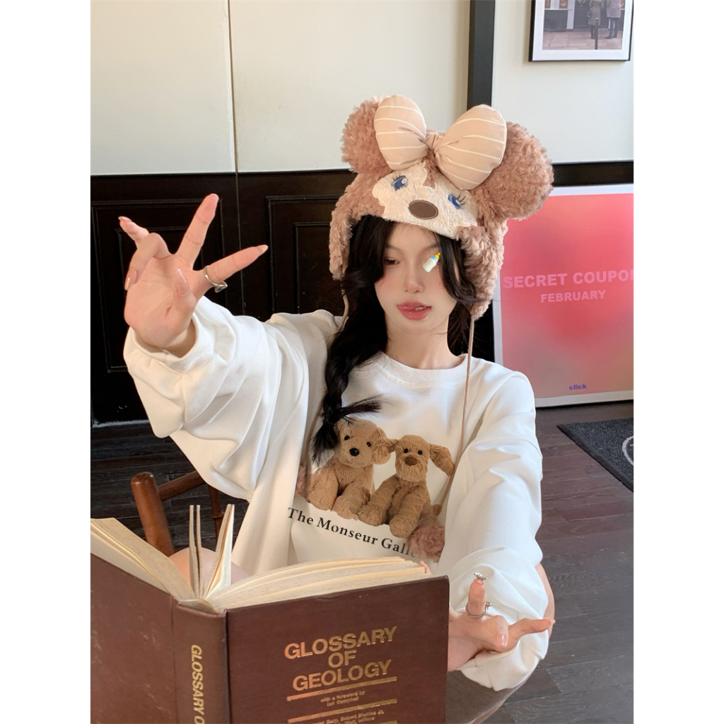 EUNII Sweater Lengan Panjang Cartoon Monseur Plush Dog Printing Korean Style/Sweater Crop/Baju Wanita/Switer Wanita/Switer