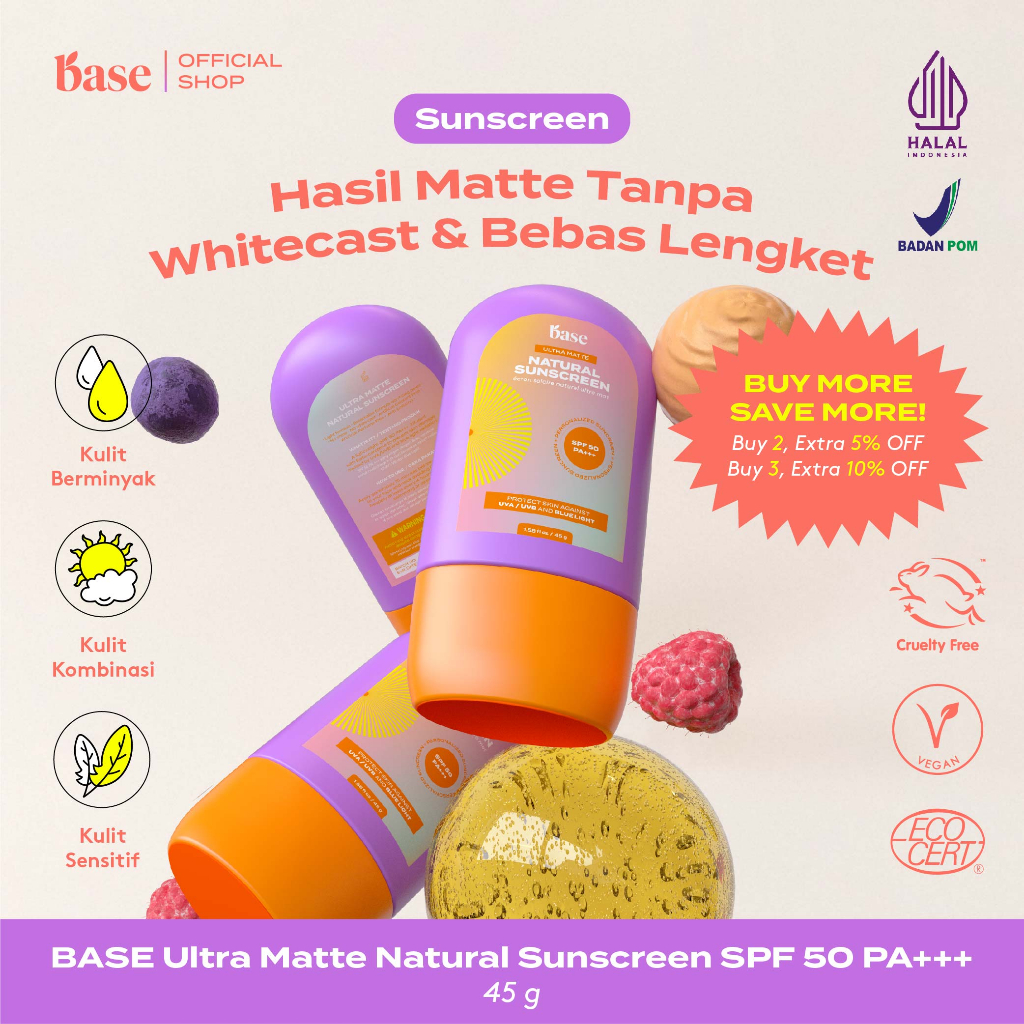 [BEST SELLER] BASE Ultra Matte Natural Sunscreen SPF 50 PA+++ 45 gr Bebas Minyak Anti Kusam [BPOM]