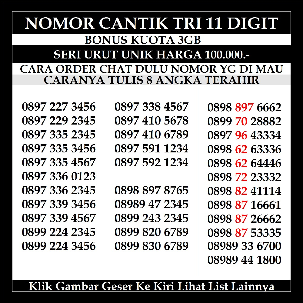 Nomor Cantik Tri 11 Dan 12 Digit 4G LTE Kartu Perdana Prabayar Nomer Three Reguler