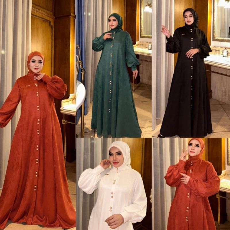 gamis suede kancing shellasaukia terbaru
