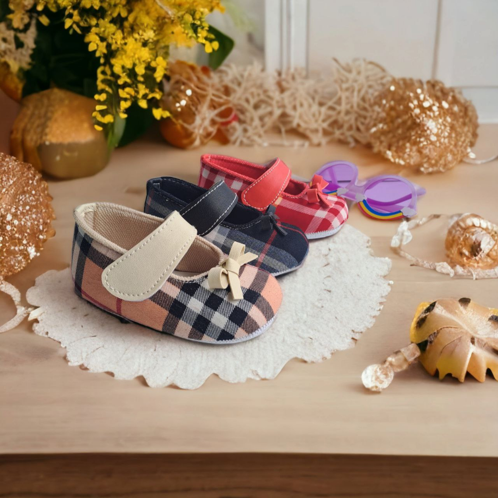 Sepatu Bayi Perempuan 0 6 Bulan Prewalker Balet Pita Kotak Kotak Baby Shoes