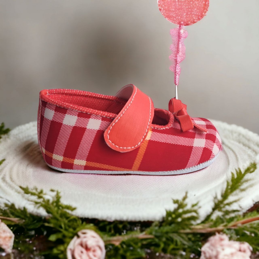 Sepatu Bayi Usia 0 6 Bulan Prewalker Balet Pita Kotak Kotak Baby Shoes Perempuan MERAH