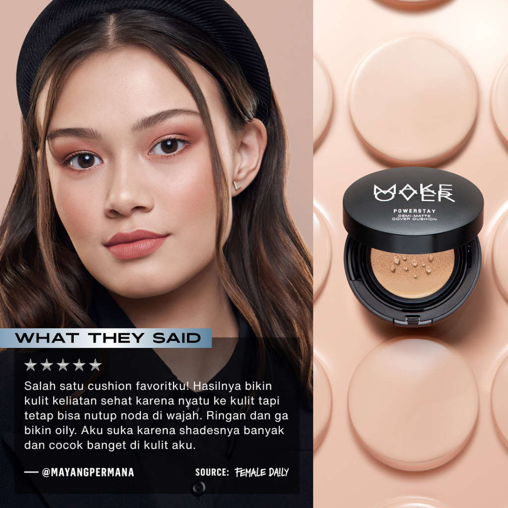 MAKE OVER Powerstay Demi-Matte Cover Cushion - Cushion matte high coverage BEST SELLER ringan oil control make up tahan lama 24 jam non-comedogenic