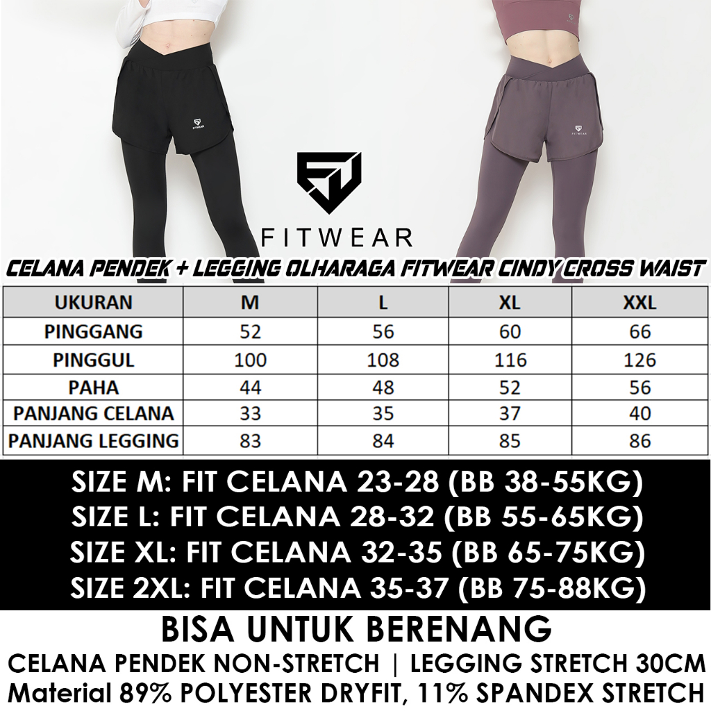 Fitwear - Celana Pendek + Legging Olahraga Wanita CINDY CROSS WAIST - M - 2XL