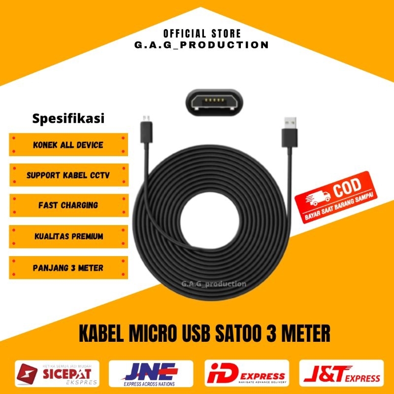 Kabel micro usb Satoo 3 meter fast charging, Support CCTV dan Semua Device