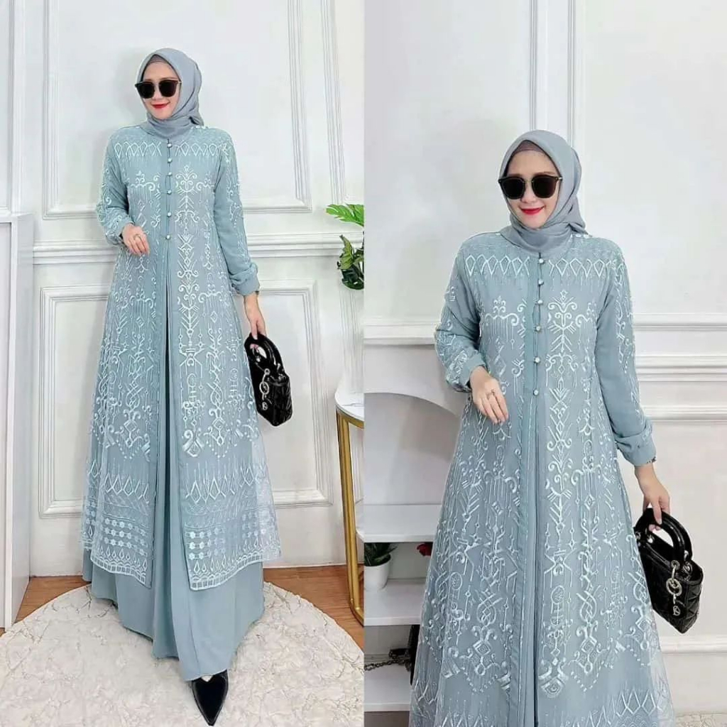 Gamis sabrina dress bahan ceruty baby doll premium full furing / busui / resleting depan original