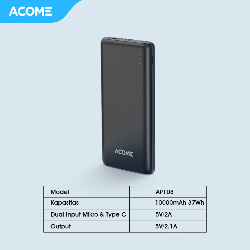 Hot Product Acome Powerbank Pb 10000Mah 2.1A Dual Port Micro & Type-C Powerbank Travel Friendly