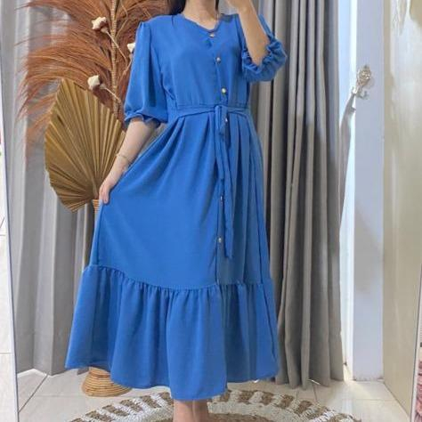 Mahalini Midi Dress Polos Casual Jalan Santai Liburan Manis Kancing Baju Wanita Rempel Flowy Variasi Tangan Balon Bumil Busui Crinkle Airflow Lembut