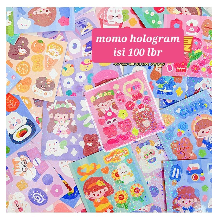 STIKER MOMO ANTI AIR STICKER LUCU TUMBLER KOREA FASHION WASHI TAPE GLITTER HOLOGRAM 1 BOX KAWAII LABEL KEKINIAN